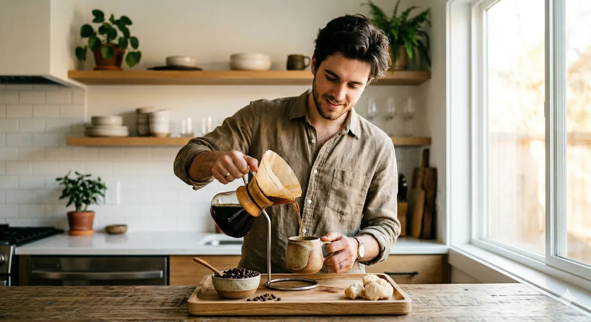 Joven preparando cafe con hongos funcionales con cafetera pour-over en cocina moderna con luz matutina