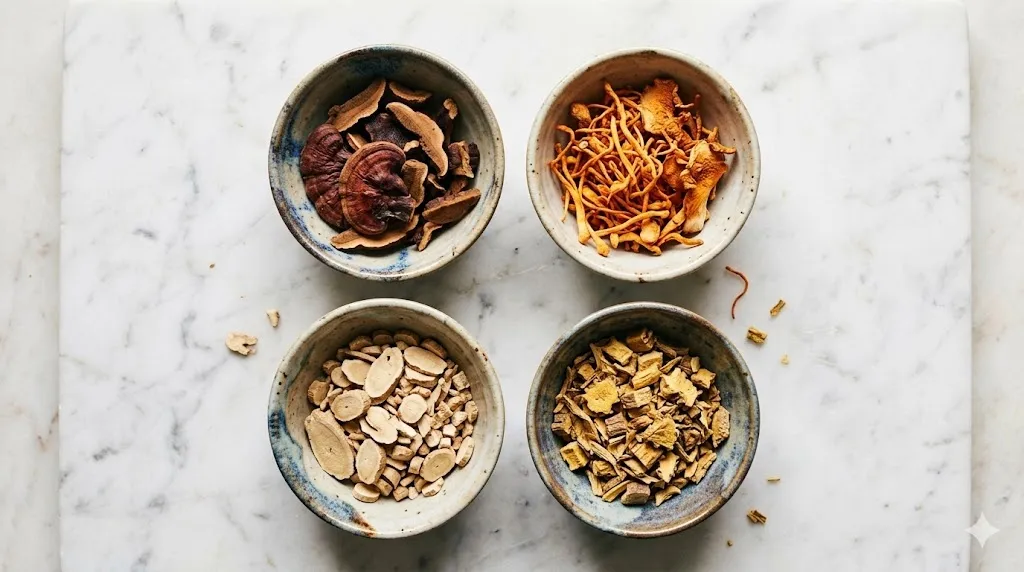 Coleccion de adaptogenos naturales en cuencos ceramicos: reishi seco, cordyceps naranja, ashwagandha y rhodiola