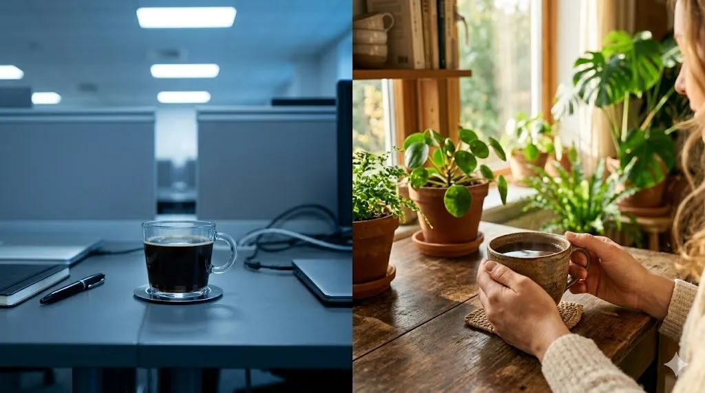 Comparativa visual entre cafe estimulante en luz fria y te de hongos adaptogenos en luz calida