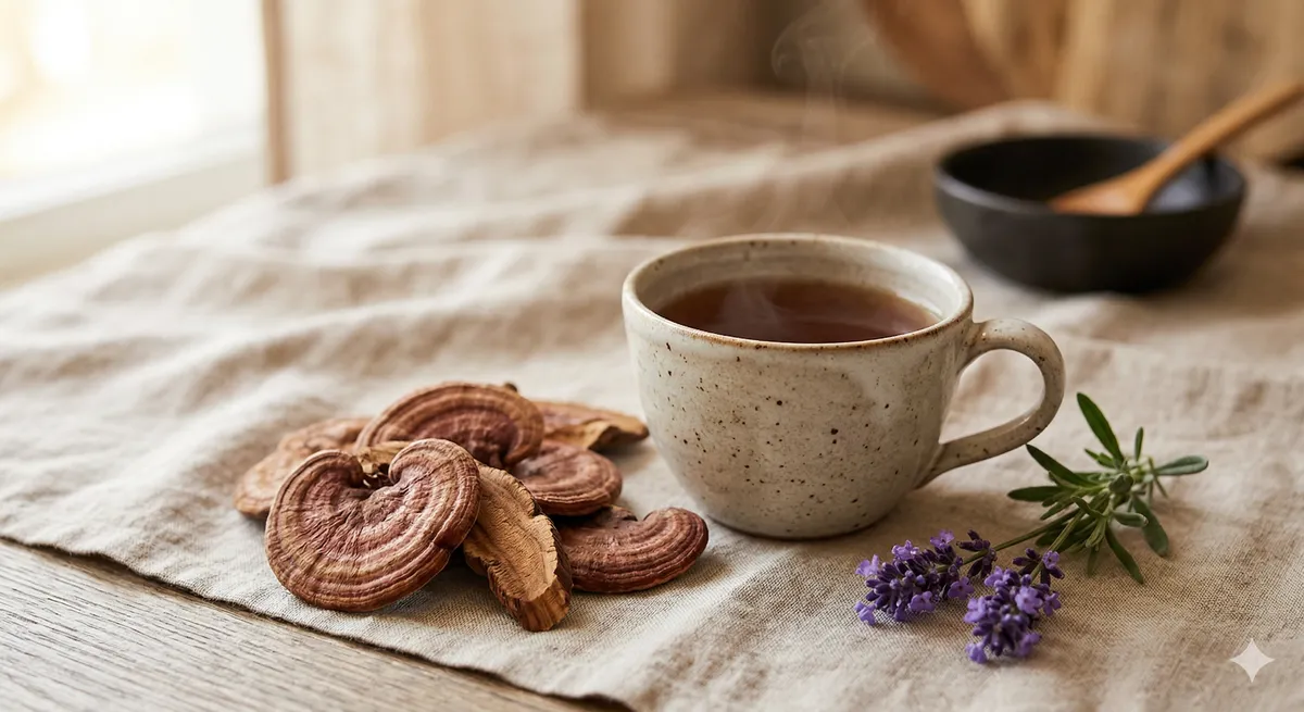Reishi seco y taza de te herbal con lavanda como remedios naturales adaptogenicos para la ansiedad