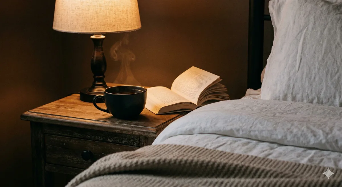 Escena nocturna con te de reishi en mesita de noche junto a libro y lampara calida para rutina de sueno natural