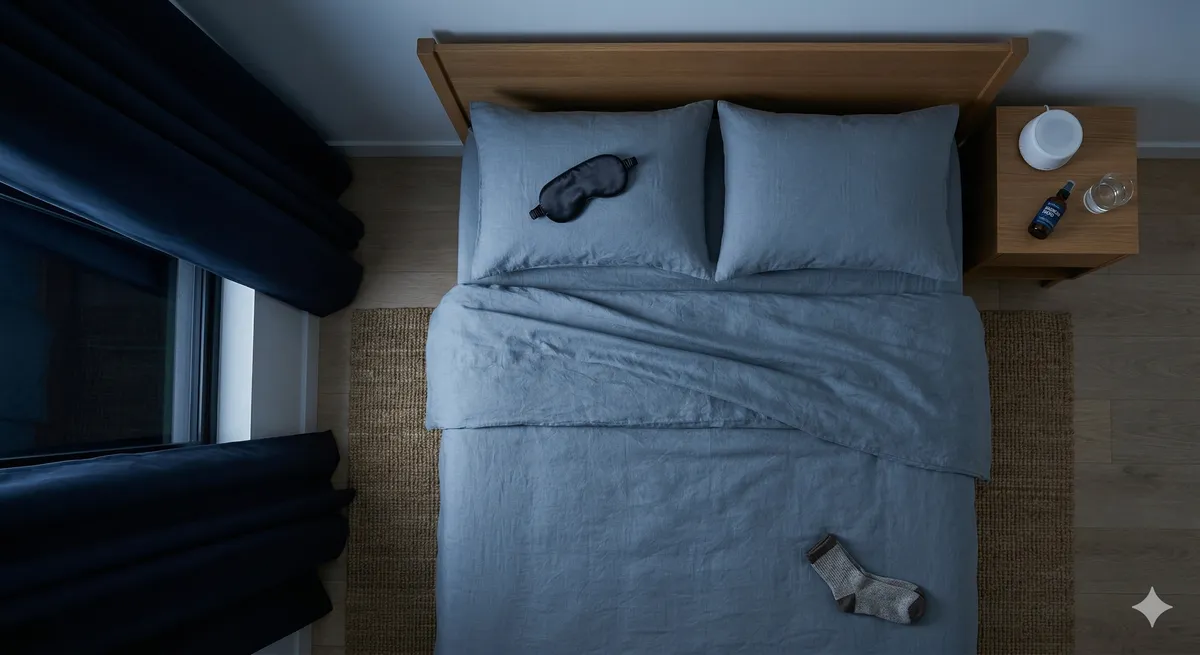 Dormitorio optimizado para el sueno con antifaz cortinas opacas y magnesio en mesita de noche vista cenital