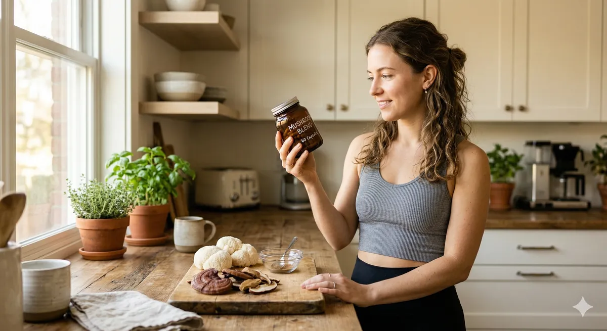 Mujer joven en cocina moderna examinando un bote de suplemento de hongos medicinales con reishi y melena de leon en la encimera