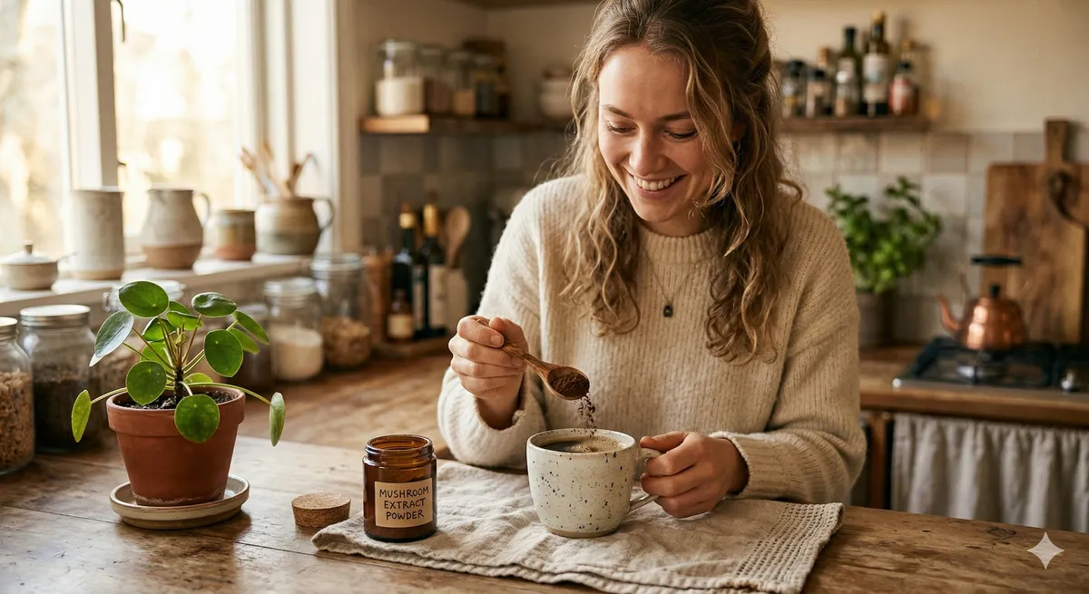 Mujer sonriente anadiendo extracto de hongos en polvo a su taza de cafe en una cocina acogedora con plantas