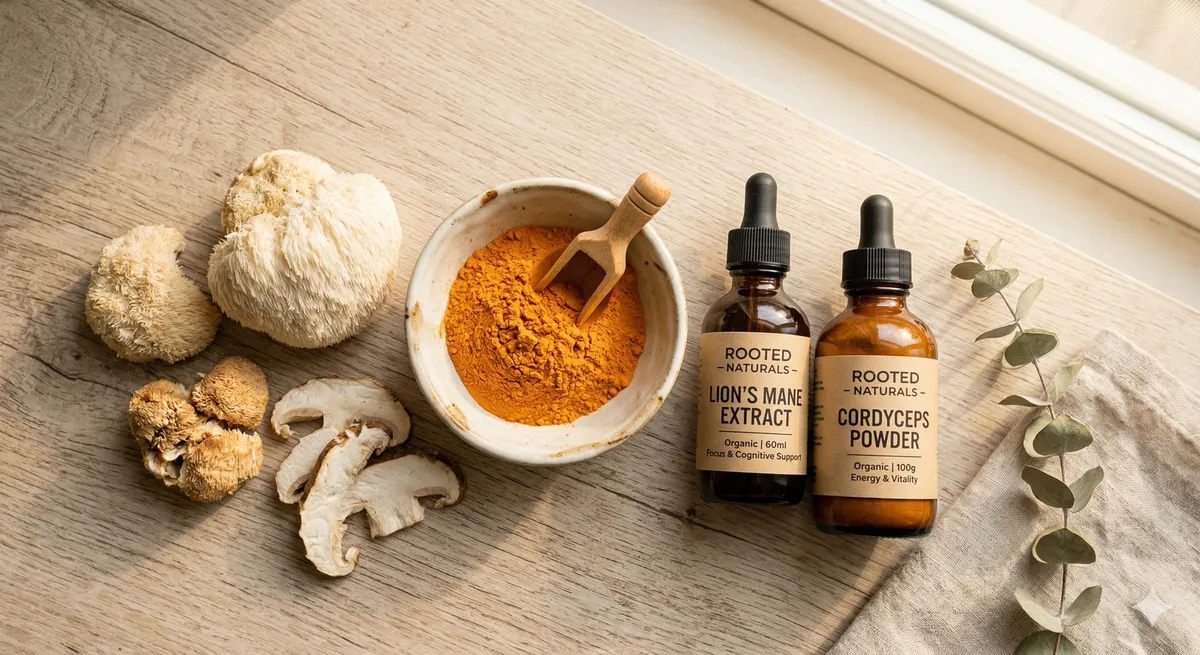 Extracto de cordyceps en polvo naranja y melena de leon frescos representando la sinergia bioenergetica y cognitiva de ambos hongos