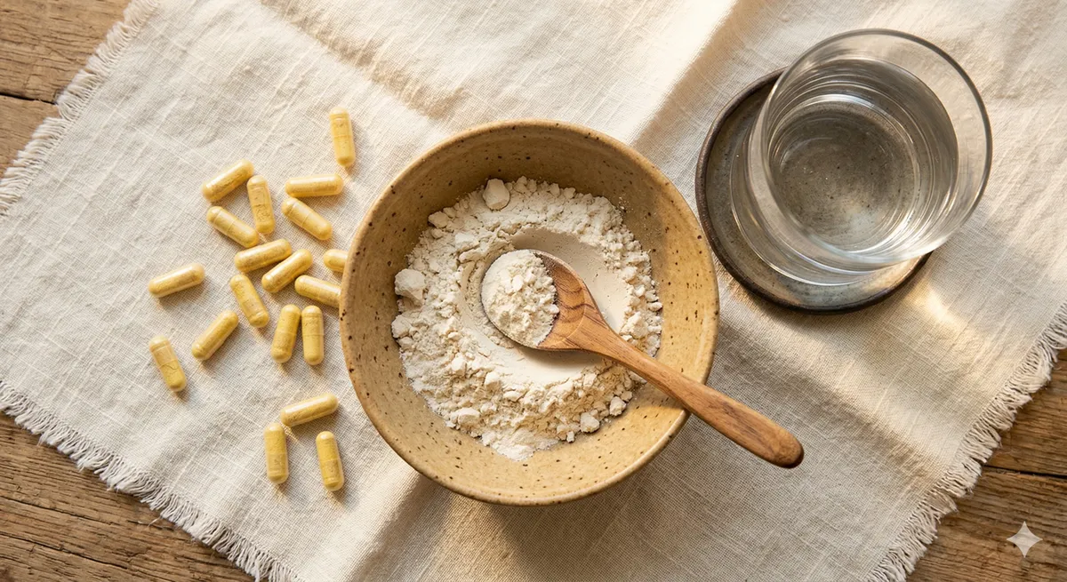 Suplementos naturales para energia: polvo de melena de leon, capsulas de vitaminas B y vaso de agua
