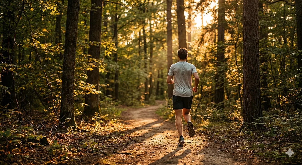 Hombre corriendo por sendero de bosque al atardecer como fuente de energia natural sin cafeina