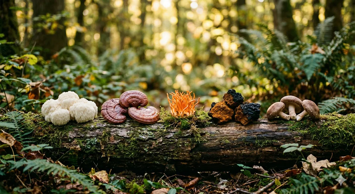 Hongos medicinales frescos en tronco de bosque: melena de leon reishi cordyceps chaga y shiitake con luz dorada