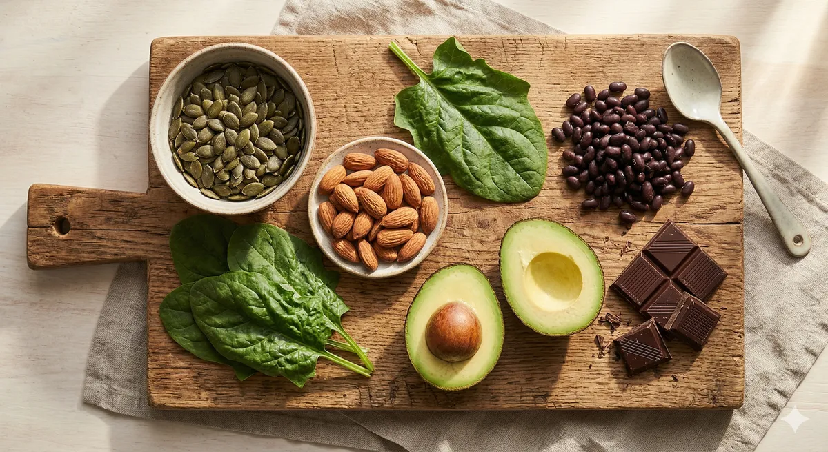 Fuentes alimentarias de magnesio: semillas de calabaza, almendras, espinacas, aguacate, chocolate negro y alubias
