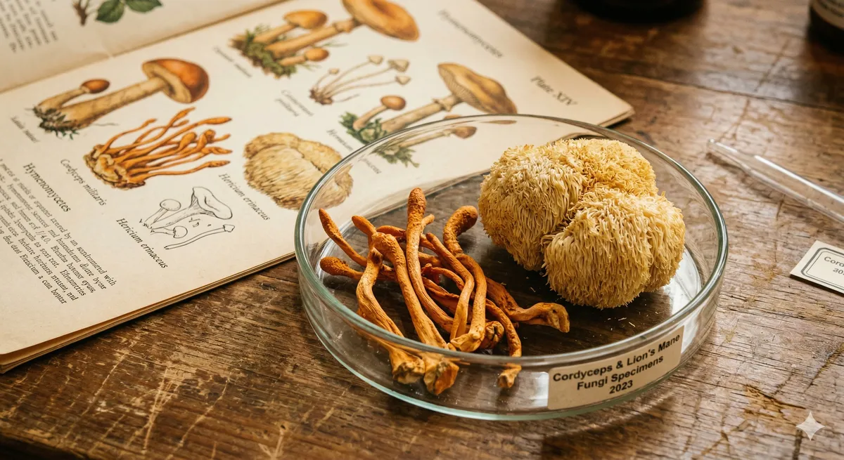 Cordyceps y melena de leon secos en placa de Petri con ilustracion botanica: hongos nootropicos con efectos cognitivos complementarios