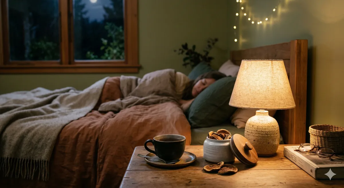 Mesita de noche con taza de te de reishi y rodajas secas junto a persona durmiendo representando la mejora del sueno