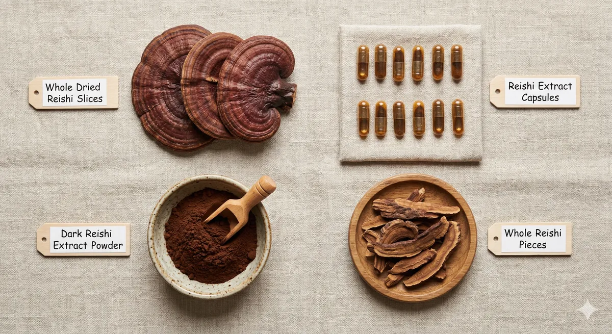 Comparativa de formatos de reishi: rodajas secas enteras, extracto en polvo oscuro, capsulas y trozos de cuerpo fructifero
