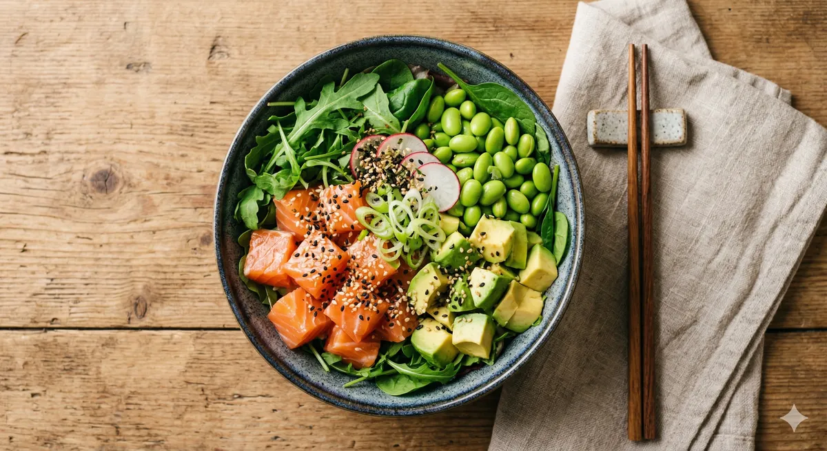 Bowl nutritivo rico en omega-3 con salmón aguacate edamame y hojas verdes sobre mesa de madera